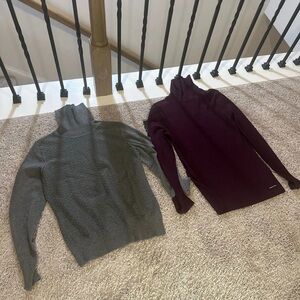 Elegant Gray and Burgundy Turtleneck Sweater